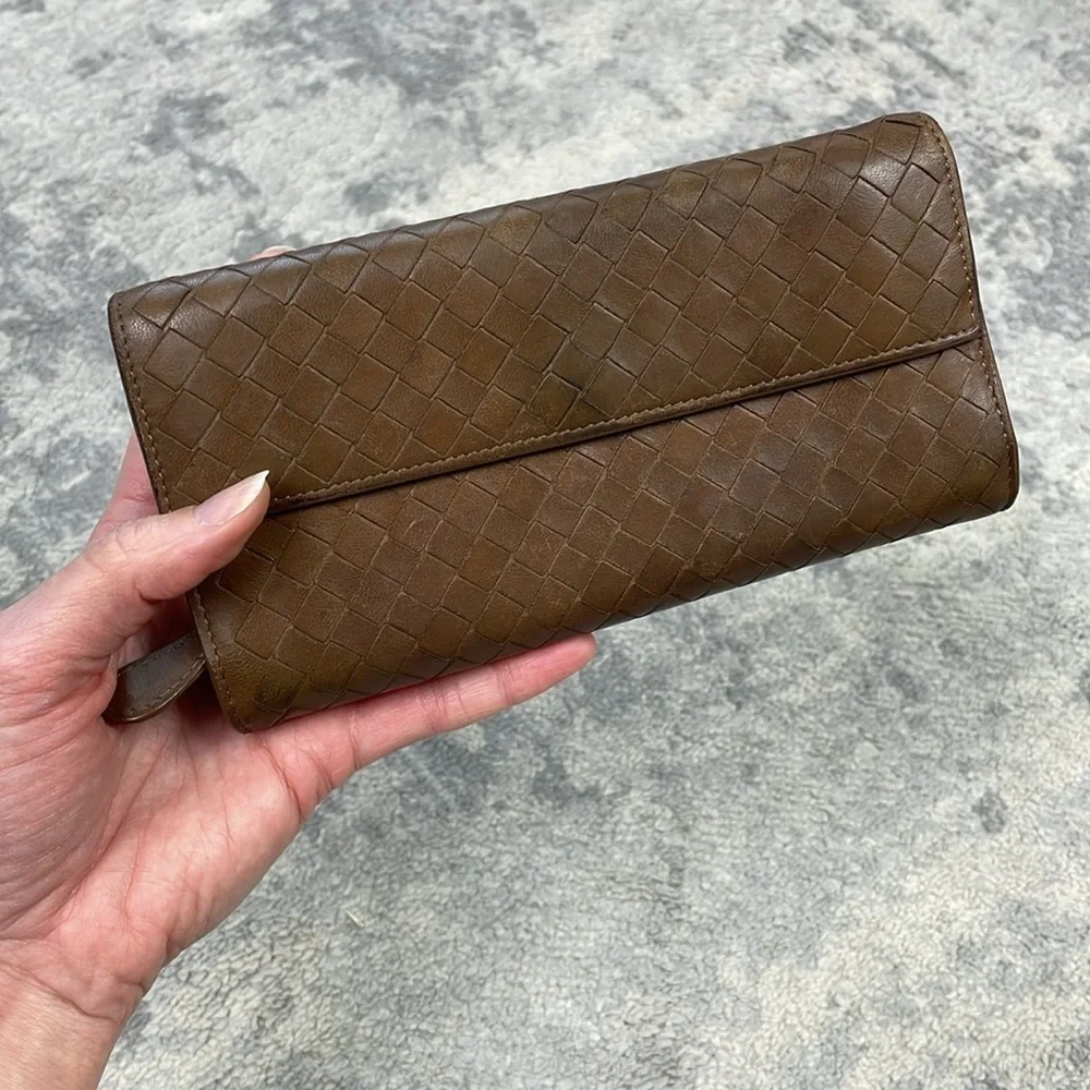 Bottega Veneta Nappa Intrecciato Continental Flap Wallet Woven Leather Brown